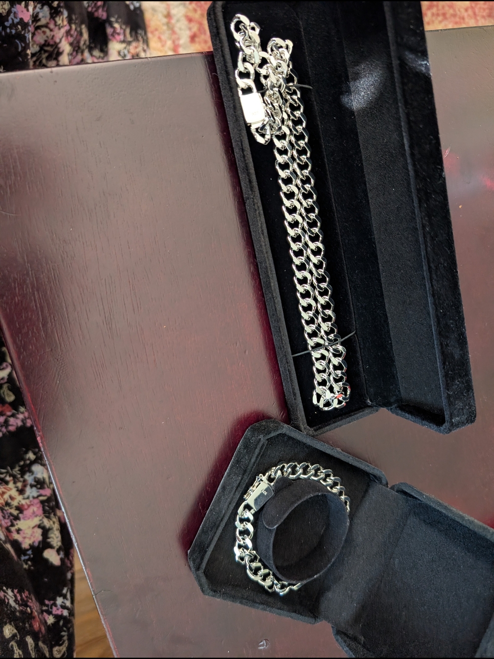 Men's Polished Silver Curb Chain Necklace and Bracelet Set